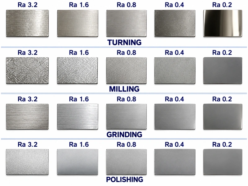 Textures de surface illustratives classées par procédé et par indications nominales de Ra.