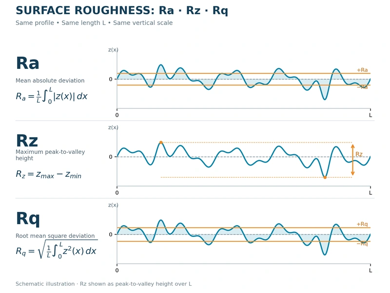 Schéma comparant les paramètres de profil de surface Ra, Rz et Rq.