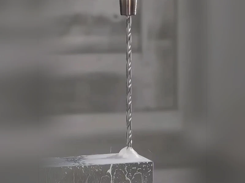Ein langer Spiralbohrer nähert sich einem Metallwerkstück.