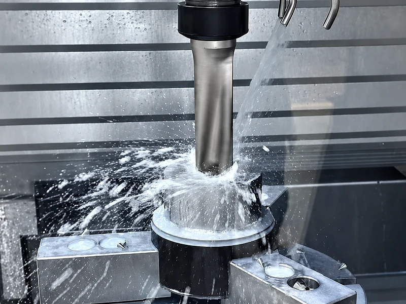 Holemaking operation on a metal workpiece with visible chips.