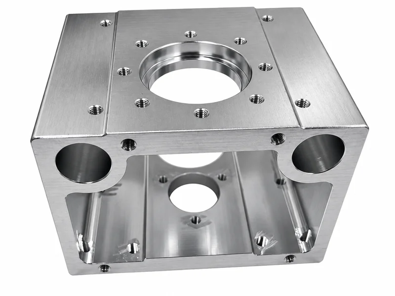 A machined housing with several threaded holes.