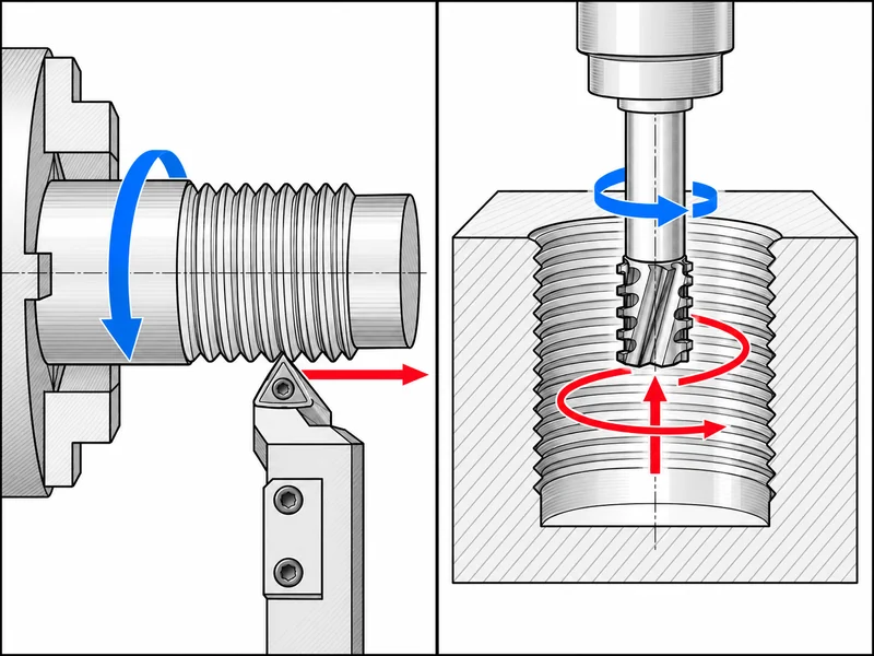 Thread turning and thread milling: workpiece rotation and helical cutter movement.
