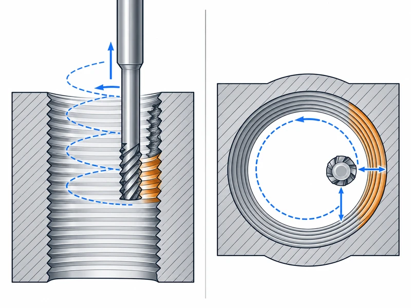 Thread milling: helical movement and cutter clearance.