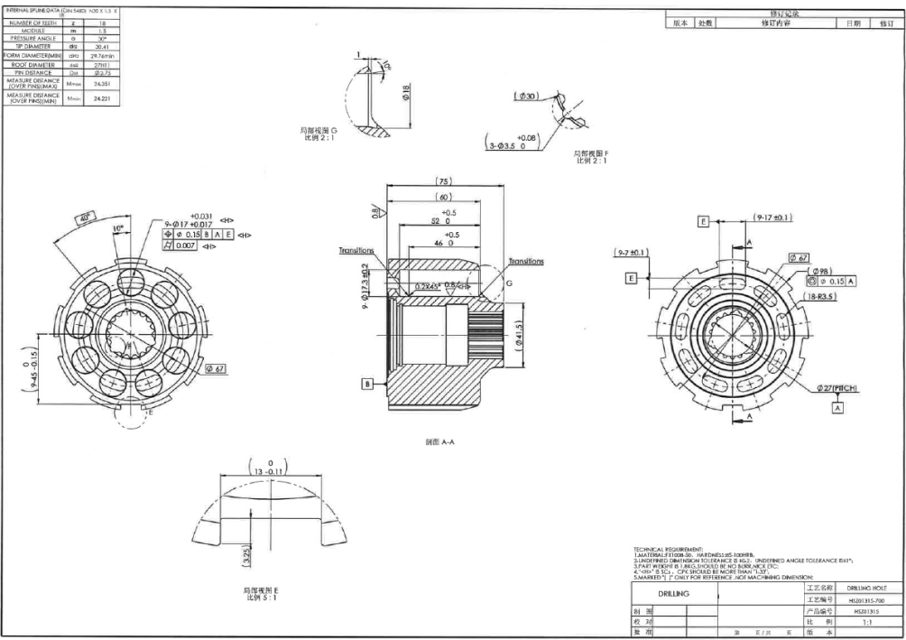 Hydraulic pump drawing showing nine piston bores and bore tolerances