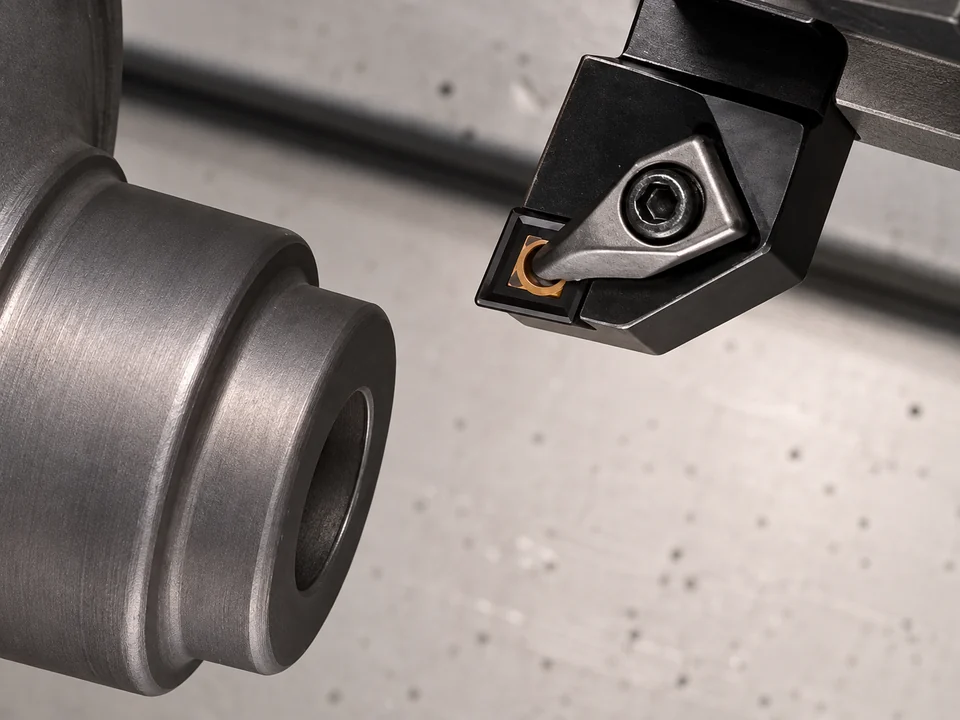 CBN insert and toolholder beside a stepped cast-iron workpiece in a lathe.