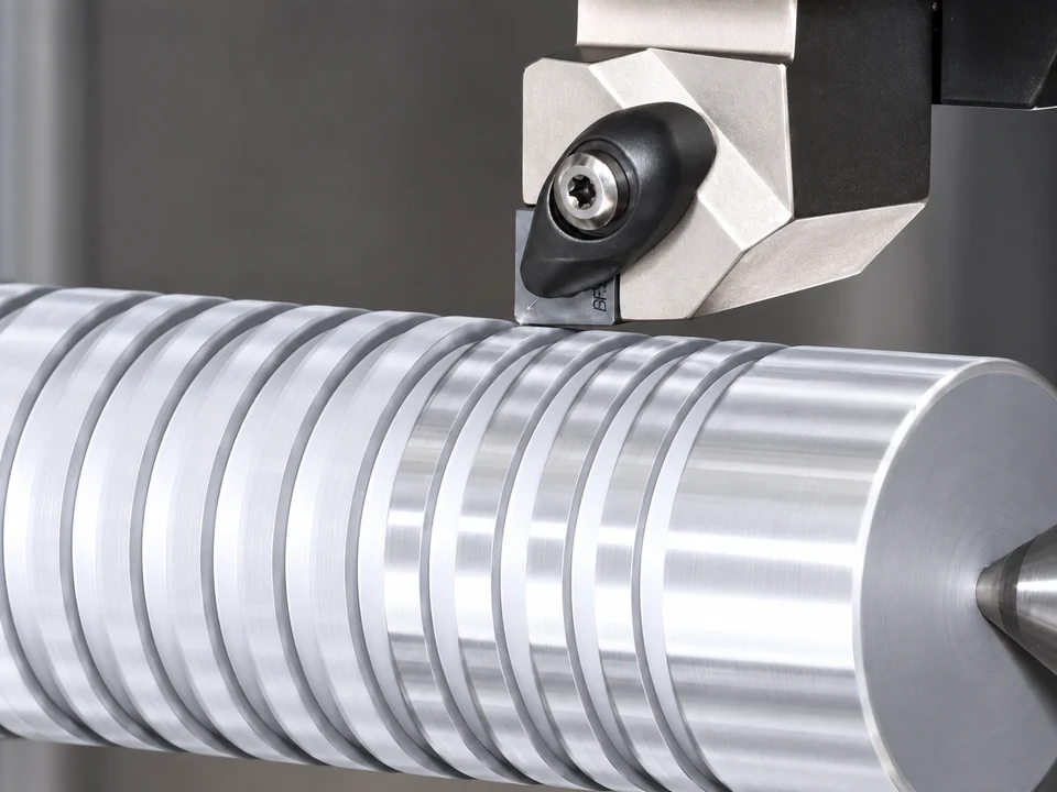 CBN insert turning an interrupted cylindrical workpiece with multiple grooves.