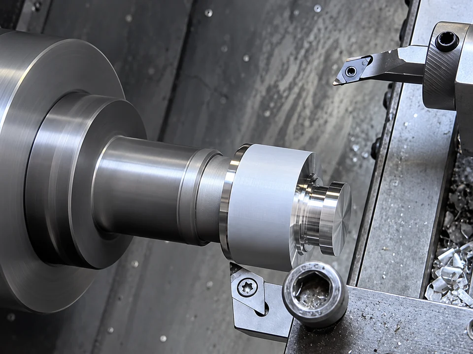 PCD turning insert machining the outer surface of a stepped aluminum workpiece in a CNC lathe.