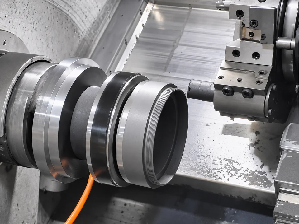 PCD machining of a stepped cylindrical graphite workpiece in a CNC lathe.