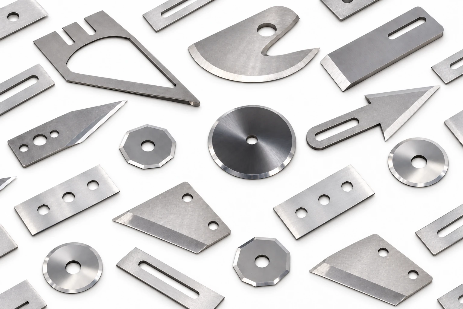 Industrial knife blades arranged in a diagonal matrix, including circular, slotted, pointed, curved and trapezoidal blades