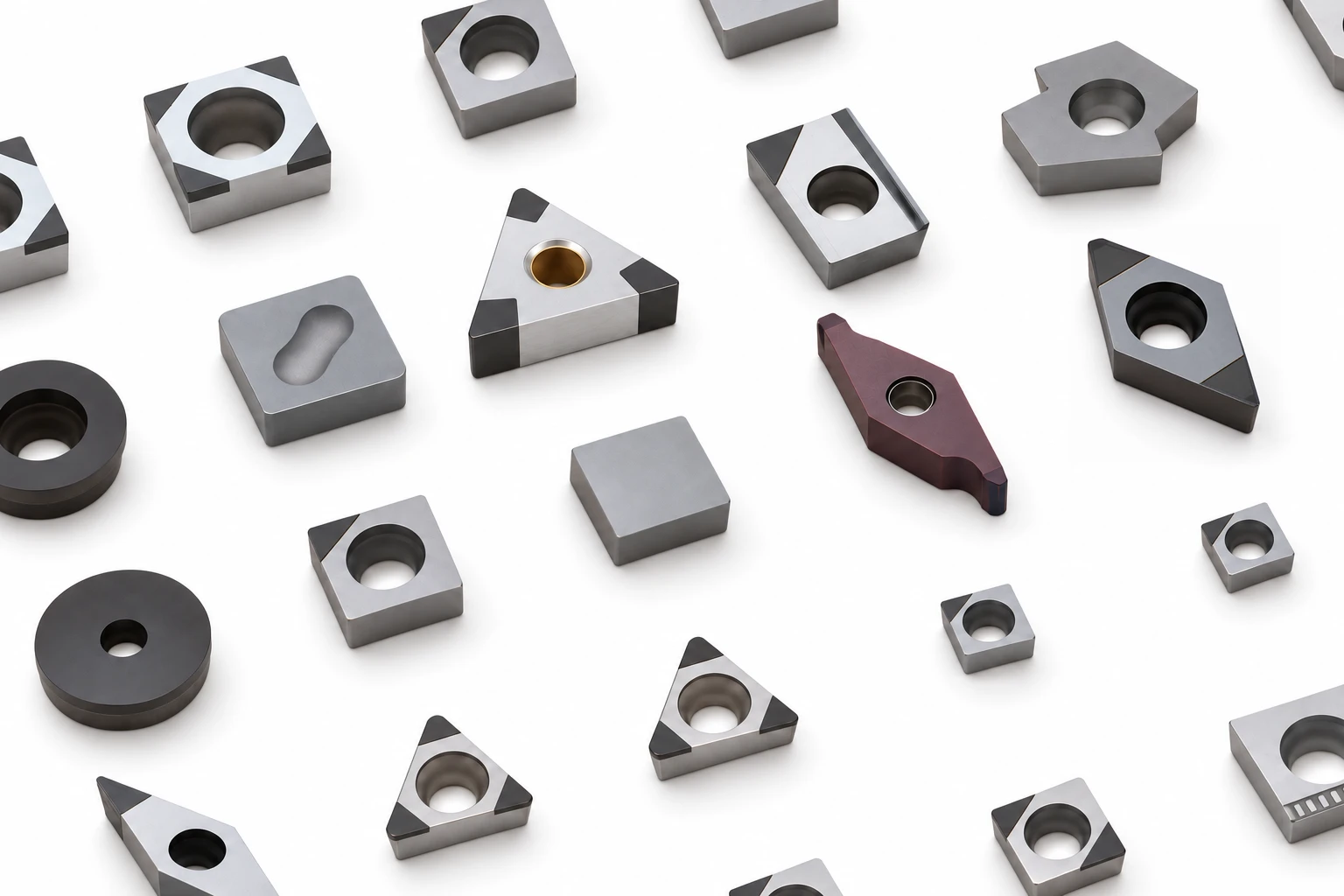 Cutting inserts arranged in a diagonal matrix, including PCD-tipped, triangular, square, round and diamond-shaped inserts