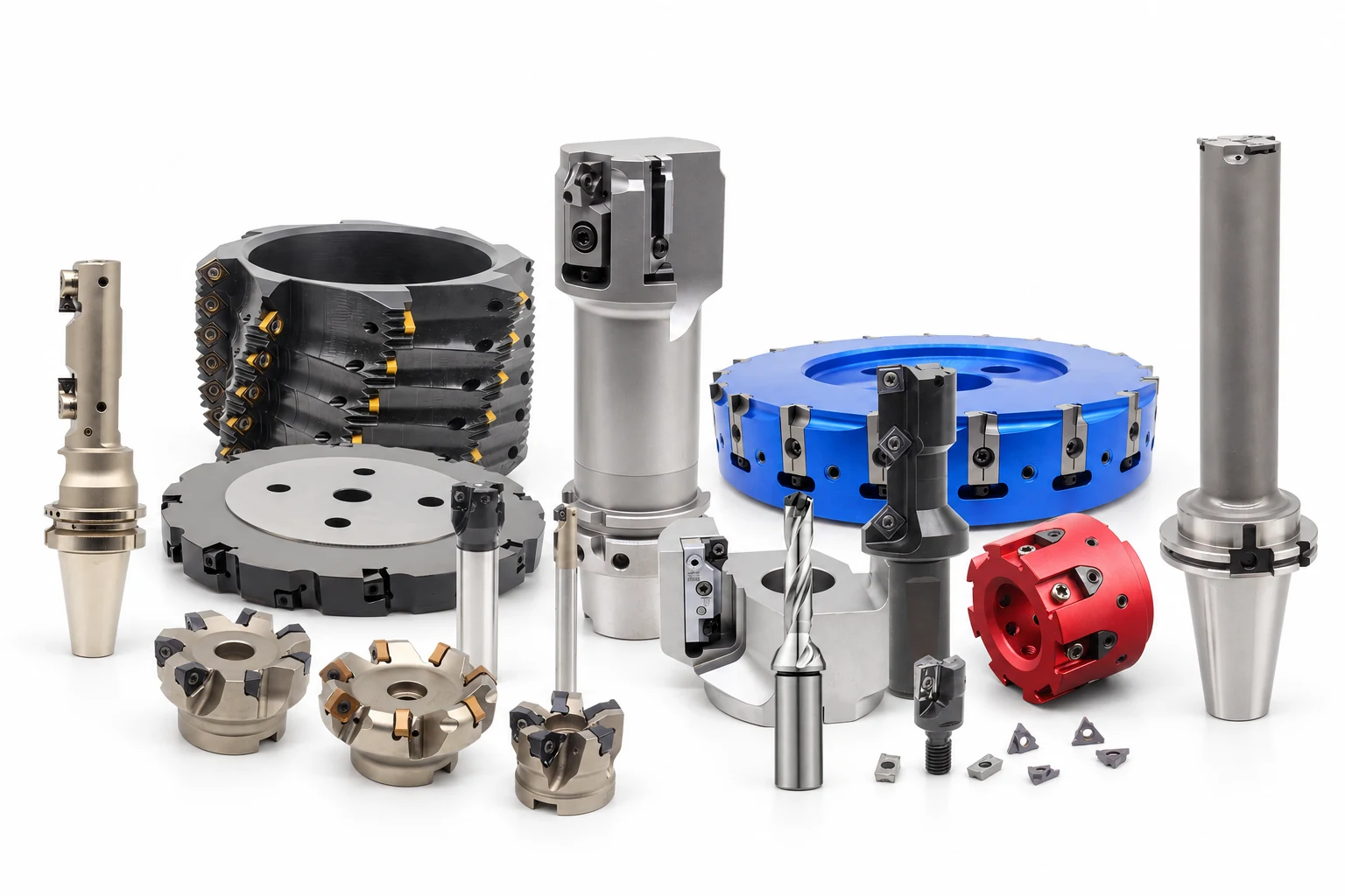 Indexable tooling collection with milling cutters, boring tools, toolholders, a crown drill and cutting inserts