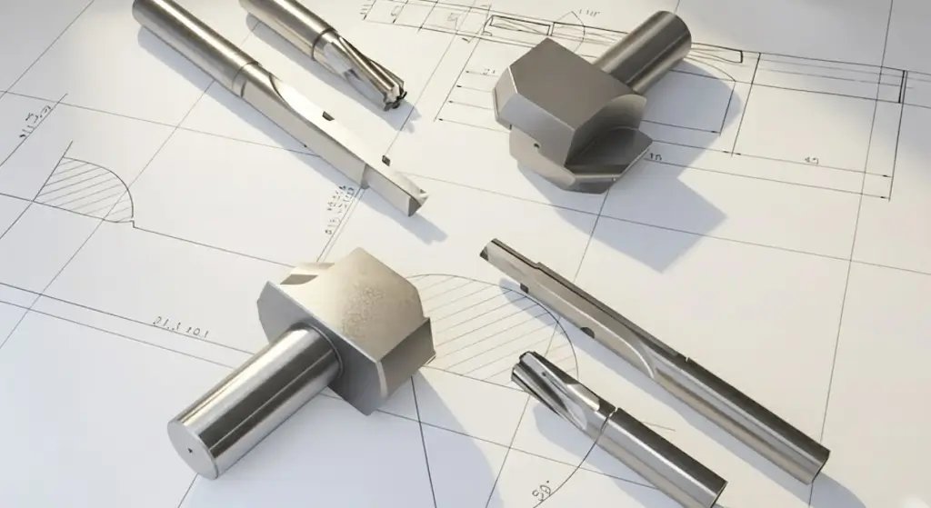 Precision cutting tools on an engineering drawing