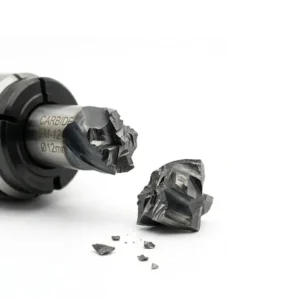 Tungsten carbide end mill with a broken tooth