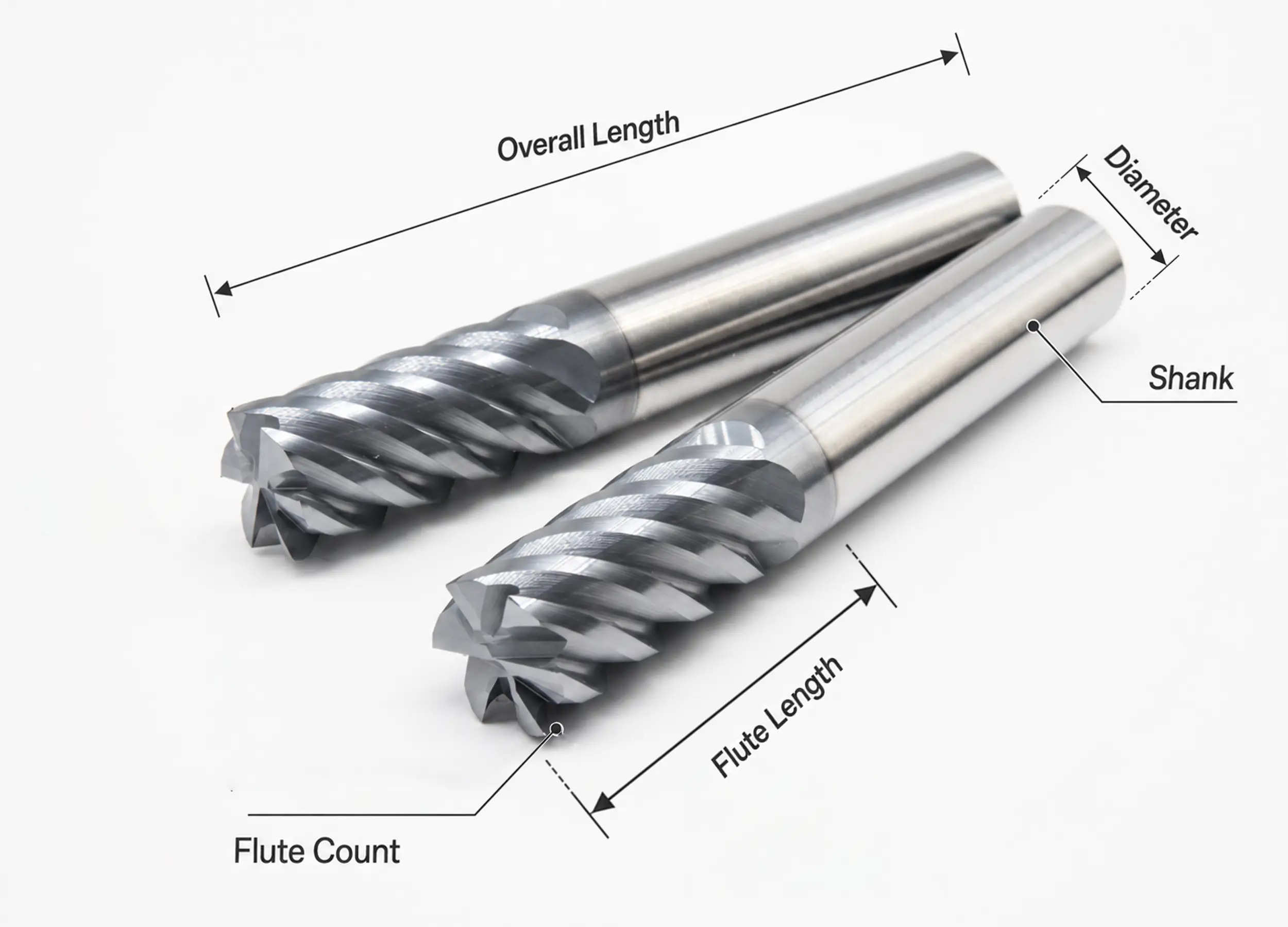 End mill dimensions diagram showing cutting diameter, flute length, shank diameter, and overall length