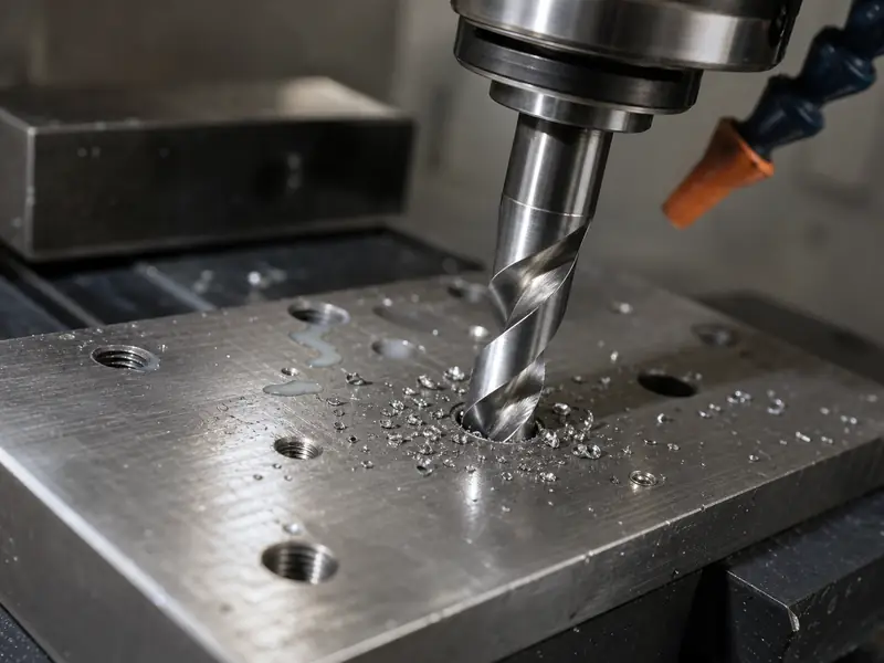 HSS drill machining into a steel workpiece with chips and coolant
