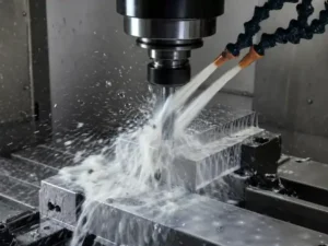 Flood coolant spraying over a CNC milling cutter cutting a metal workpiece