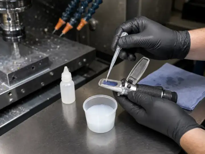 Handheld refractometer checking CNC coolant concentration