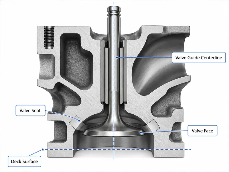 Cross-sectional schematic of an internal combustion cylinder head with intake exhaust valve assembly