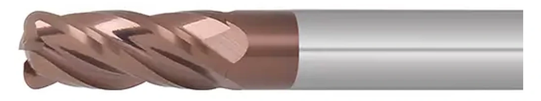 Horizontal dargestellter Fräser aus Bronze-Gold-Karbid, wobei sich die Schneidspitze links befindet