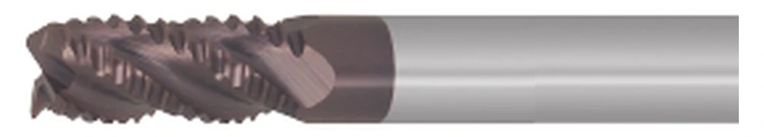 Dunkelviolettbrauner Hartmetall-Schaftfräser, horizontal dargestellt, mit der Schneidspitze auf der linken Seite