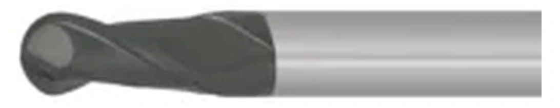 Grau-schwarzer Hartmetall-Kugelfräser, horizontal dargestellt, mit der Schneidspitze auf der linken Seite