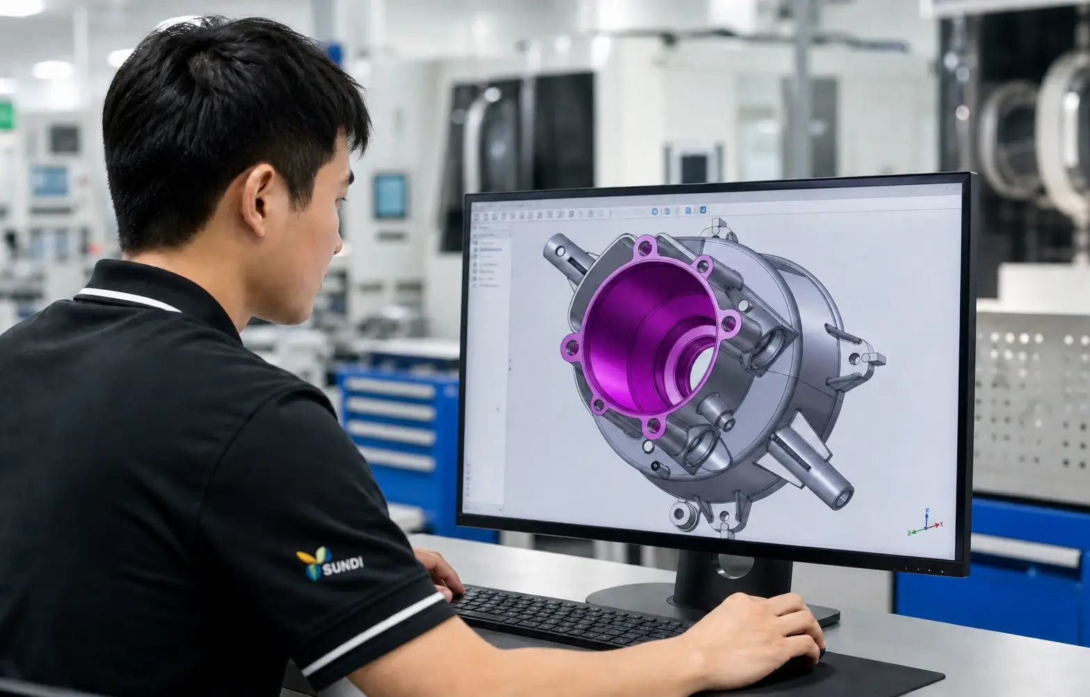 SUNDI engineer reviewing a customer component in CAD