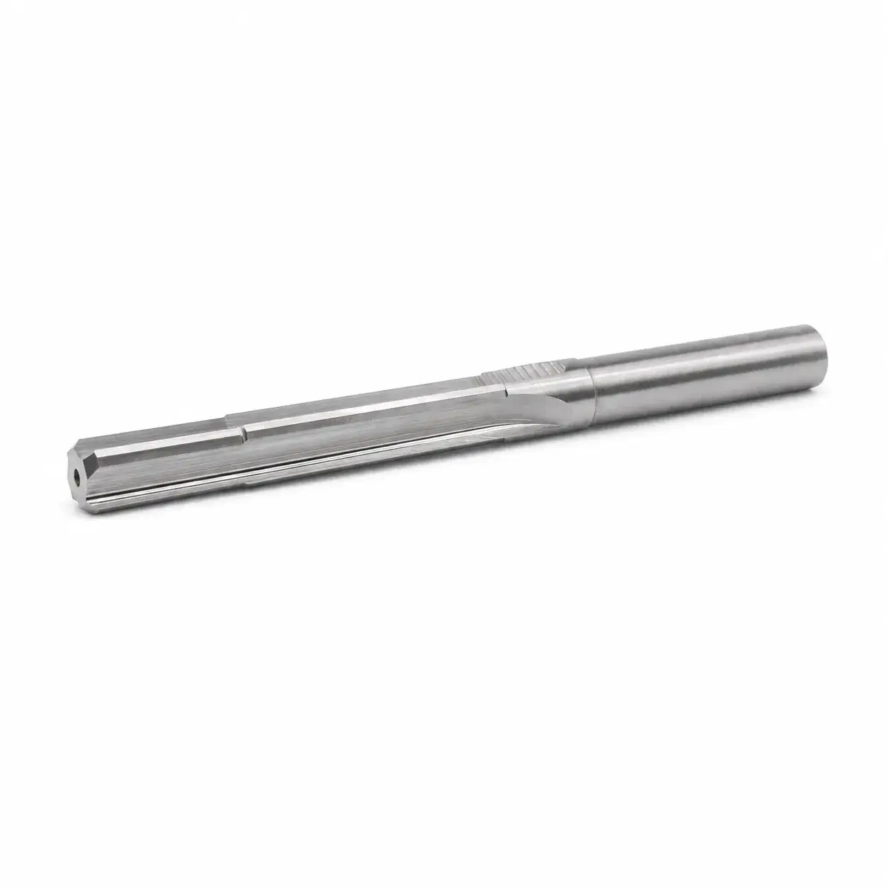 Angled view of a carbide reamer with a centre-through coolant outlet