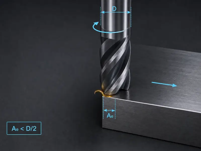 End mill taking a low radial engagement cut with cutter diameter D and radial engagement Ae marked.