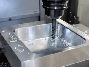 Operación de fresado de cavidades con CNC en la que se muestra una fresa de metal duro taladrando una cavidad en aluminio con evacuación de virutas
