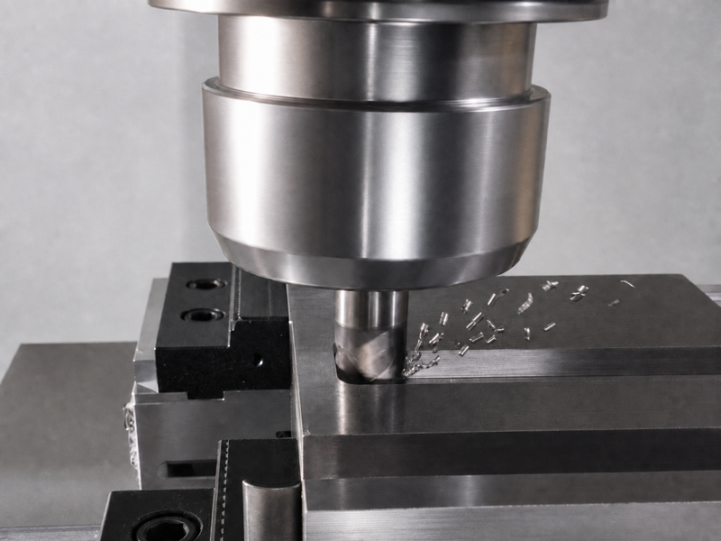 End mill cutting a full-width slot in a clamped metal workpiece with chips exiting to the right.