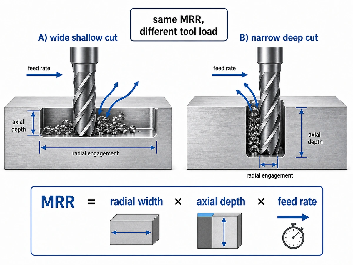 Technical diagram showing how radial engagement axial depth and feed rate affect metal removal rate