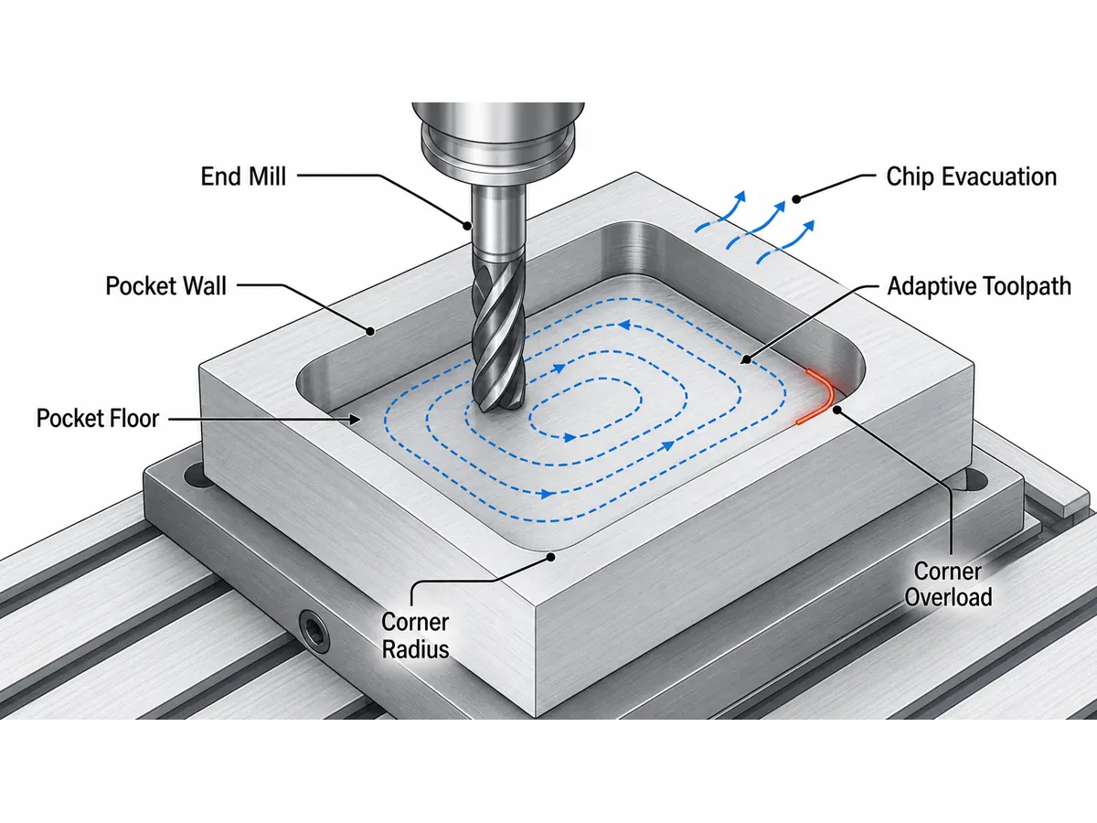 Isometric pocket milling diagram showing adaptive toolpath, chip evacuation, and corner overload