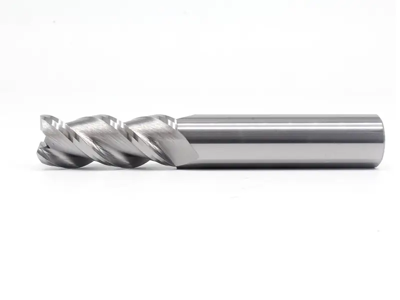 Single carbide end mill showing helical flutes and cutting edge geometry