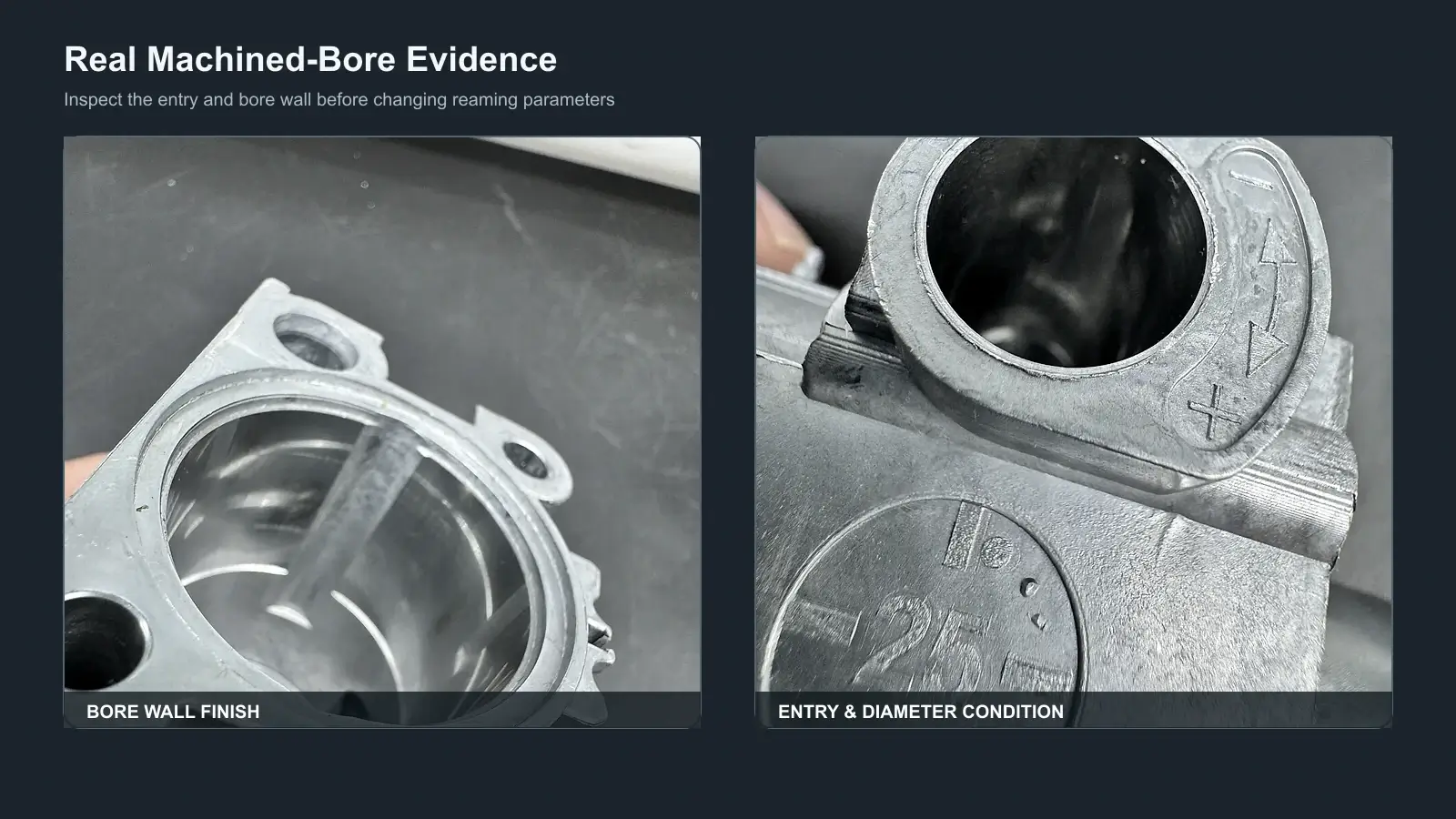 Two real machined aluminum bores showing the bore wall and entry condition for inspection.