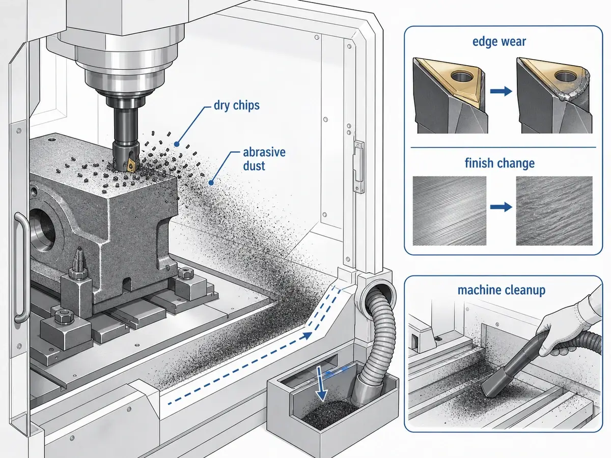 Cast iron machining dust, insert edge wear, and machine cleanup