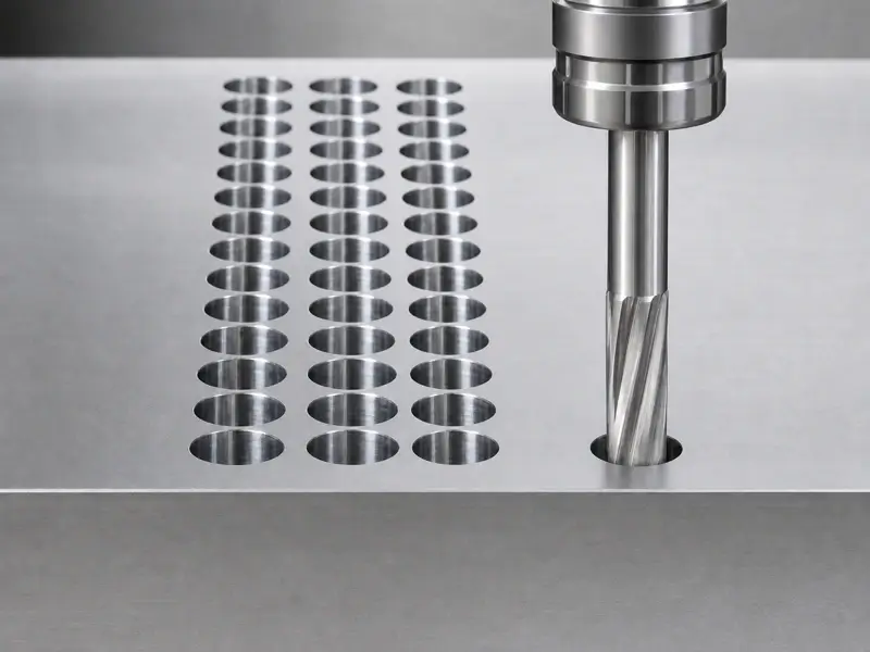 Ein in einer CNC-Spindel eingespannter Rillenreibahle, der neben einem Raster aus fertig bearbeiteten Bohrungen in einem Metallwerkstück eine separate Bohrung bearbeitet.