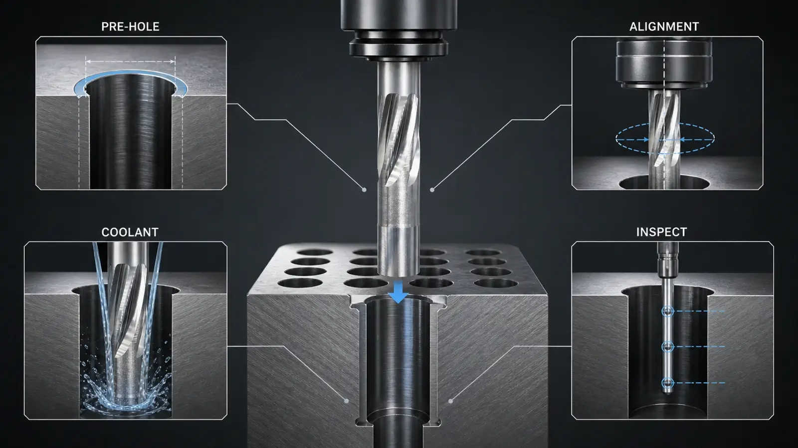 Technical cutaway of a reamer, prepared hole, alignment check, coolant reaching the cutting lead and bore inspection at multiple depths.