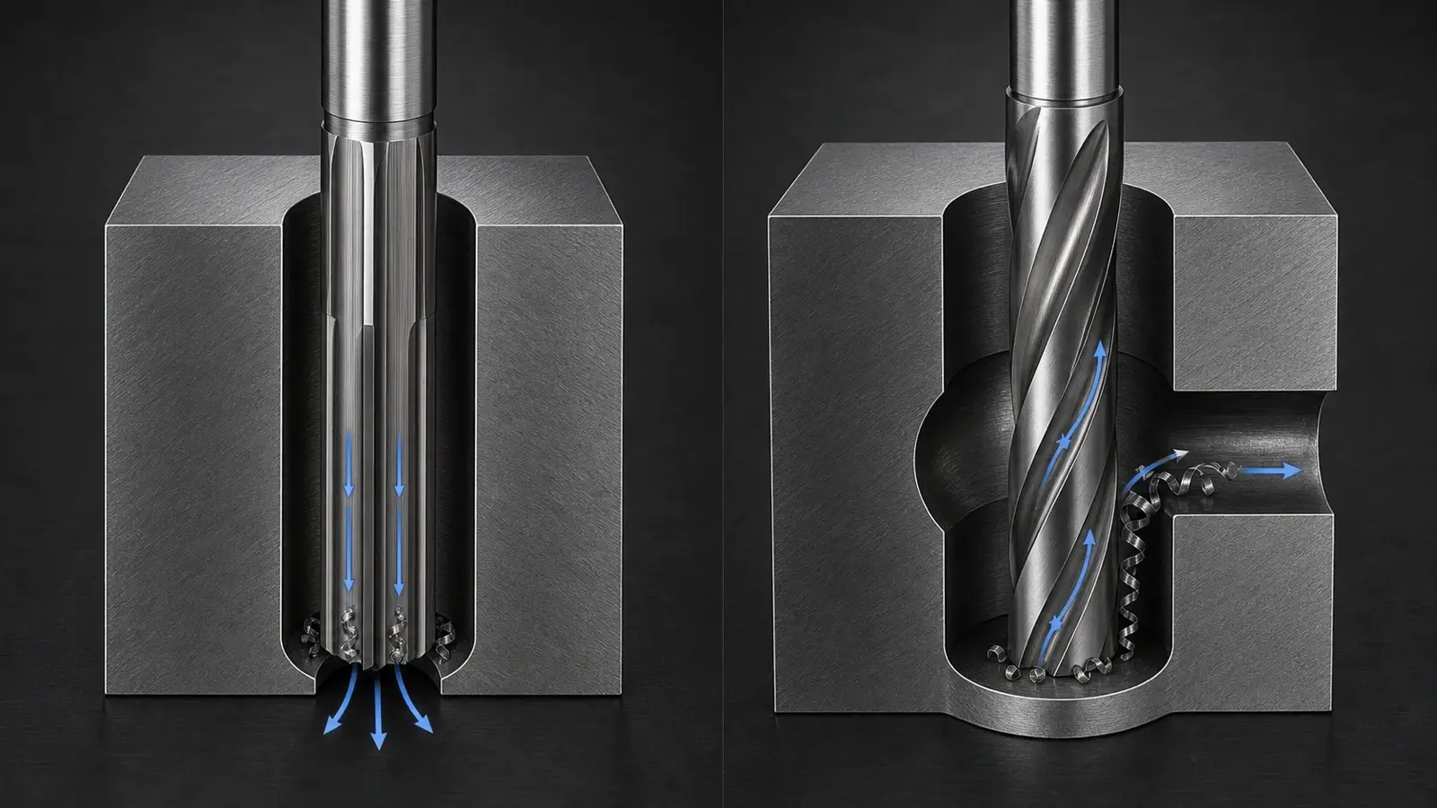 Technical cutaway comparing a straight-flute reamer in a through hole with a spiral-flute reamer at an interrupted blind-hole feature.