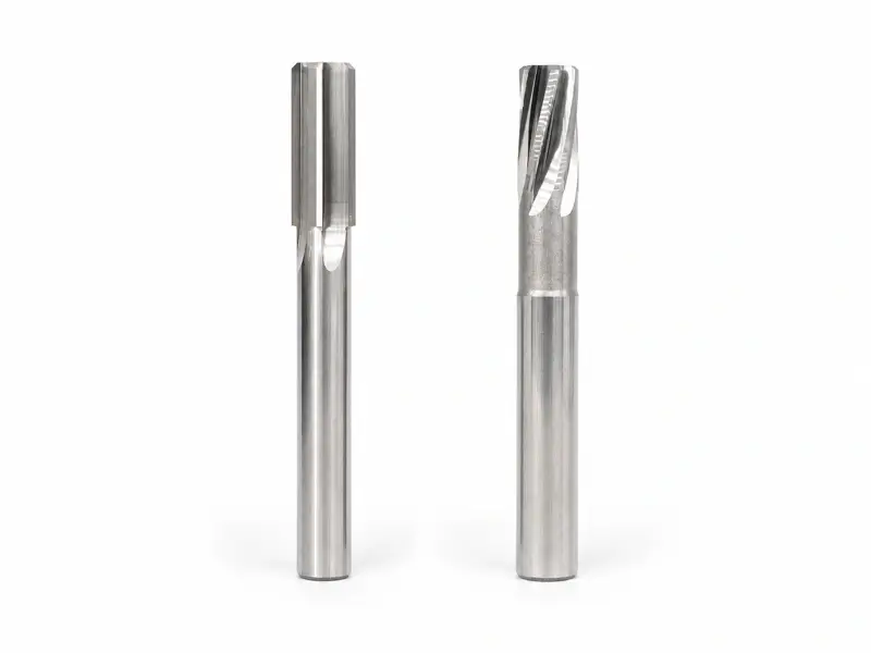 Straight-flute reamer and spiral-flute reamer shown side by side on a bright white background.