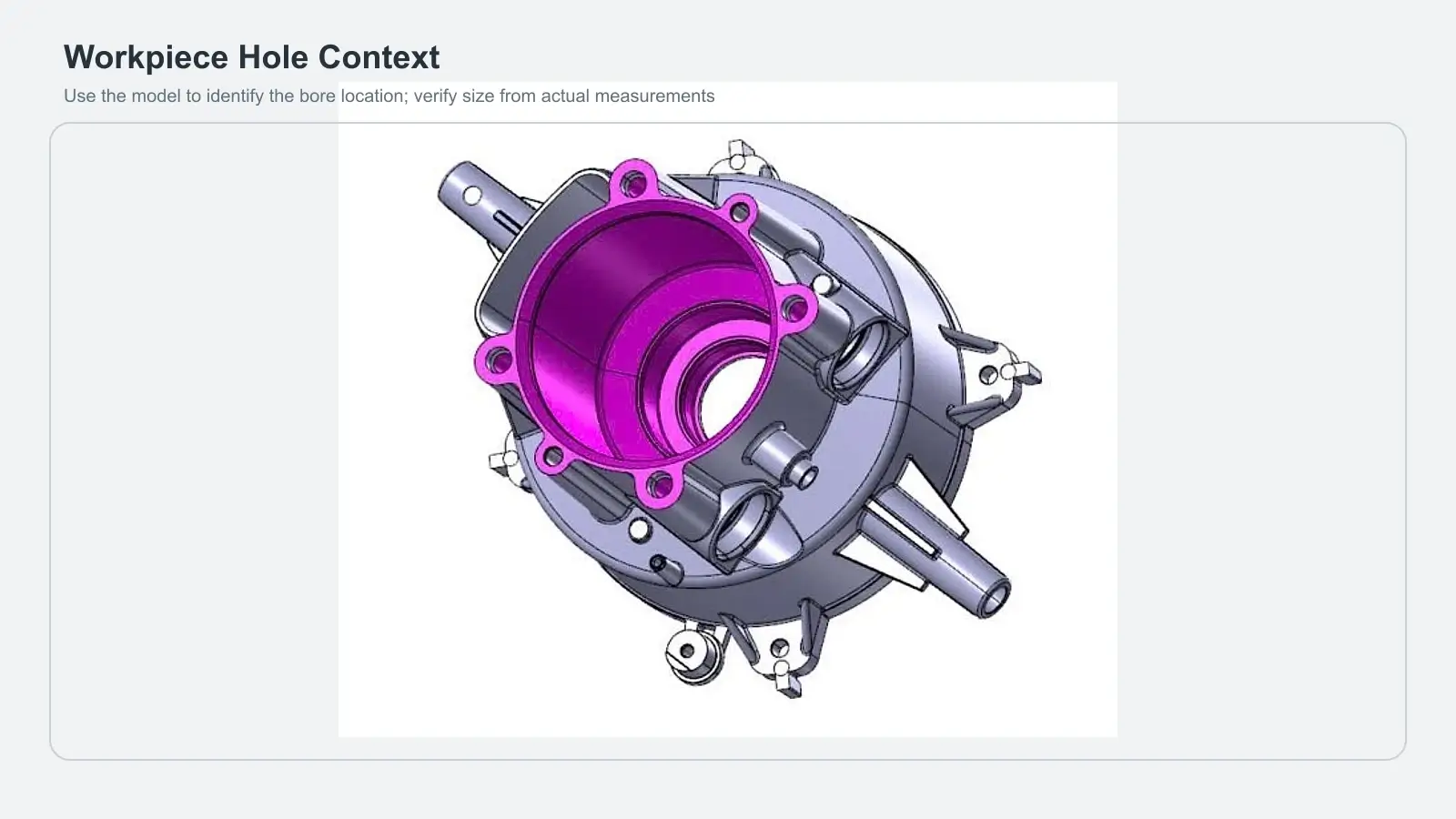 CAD model of a machined housing with the main bore highlighted in magenta.