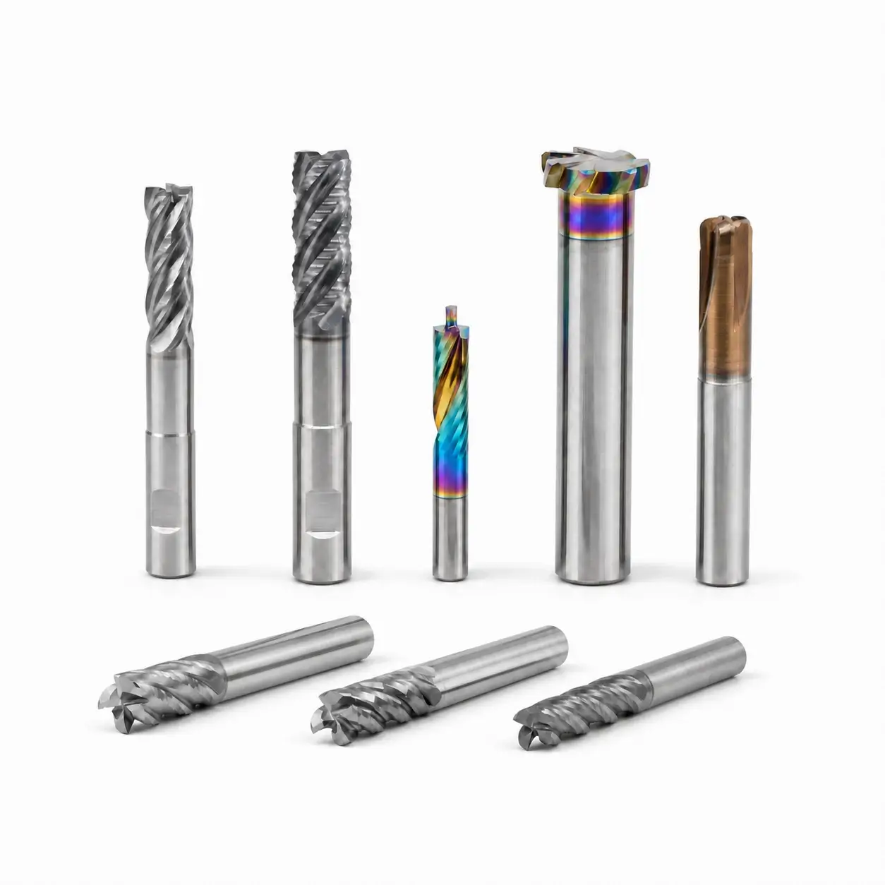 Custom carbide end mill collection showing coated and uncoated tool geometries