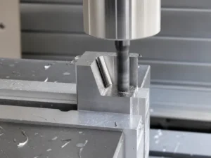 End mill ramping into an enclosed machined slot while chips collect around the cutting zone