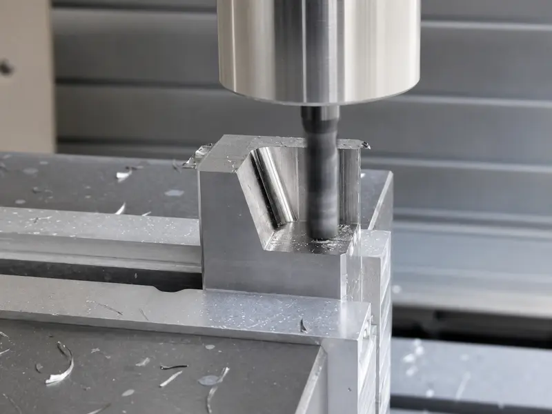 End mill ramping into an enclosed machined slot while chips collect around the cutting zone