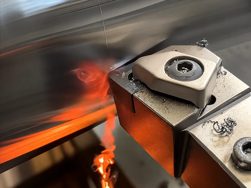 Close-up of a CBN insert at the hard-turning cutting zone with a hot orange chip leaving the hardened steel workpiece.
