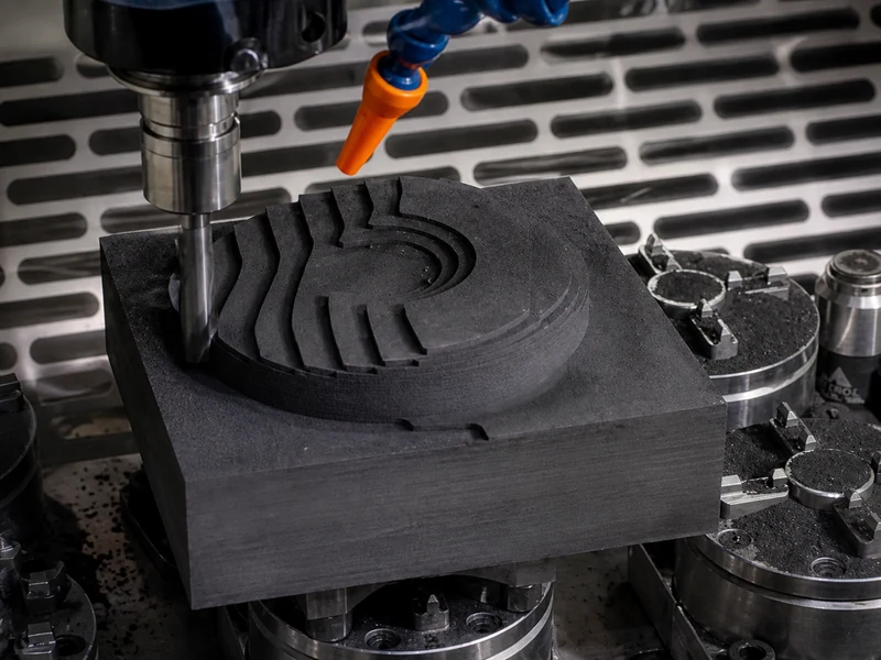CNC milling cutter machining a graphite workpiece inside a machine tool