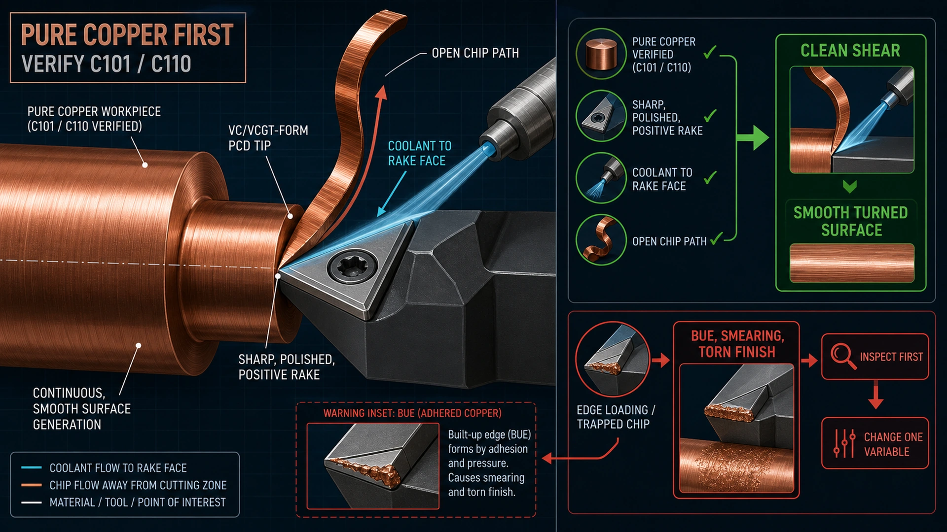 Technical diagram comparing a verified pure-copper clean-shear path with edge loading, built-up edge, smearing and torn-finish diagnosis.