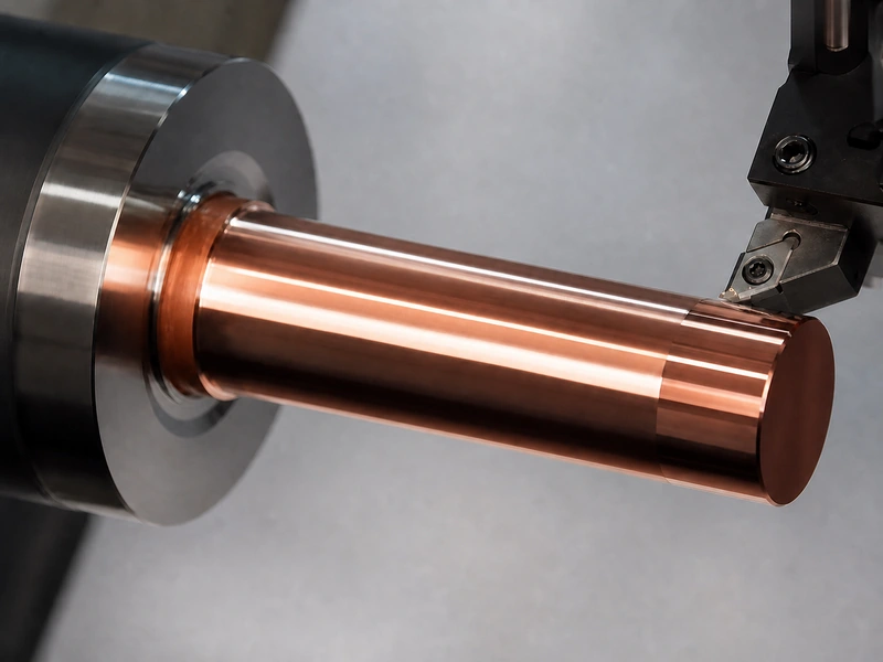 Copper-colored cylindrical workpiece being finish-turned with a sharp positive-rake insert in a CNC lathe.