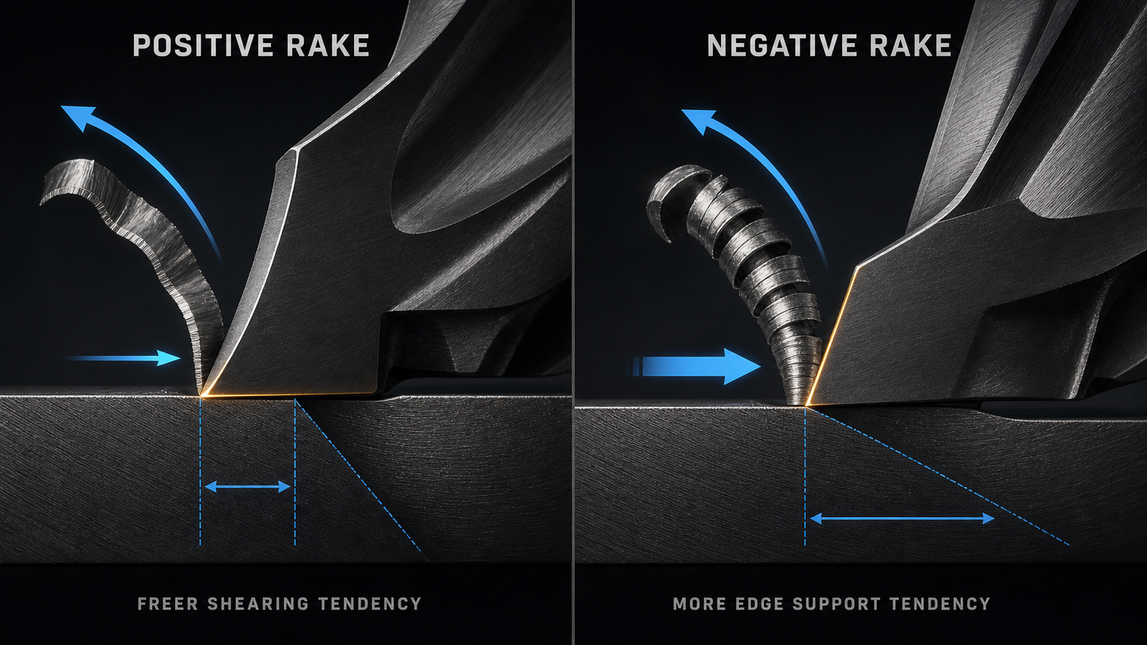 Technical diagram comparing freer shearing with positive rake and a more supported wedge with negative rake.