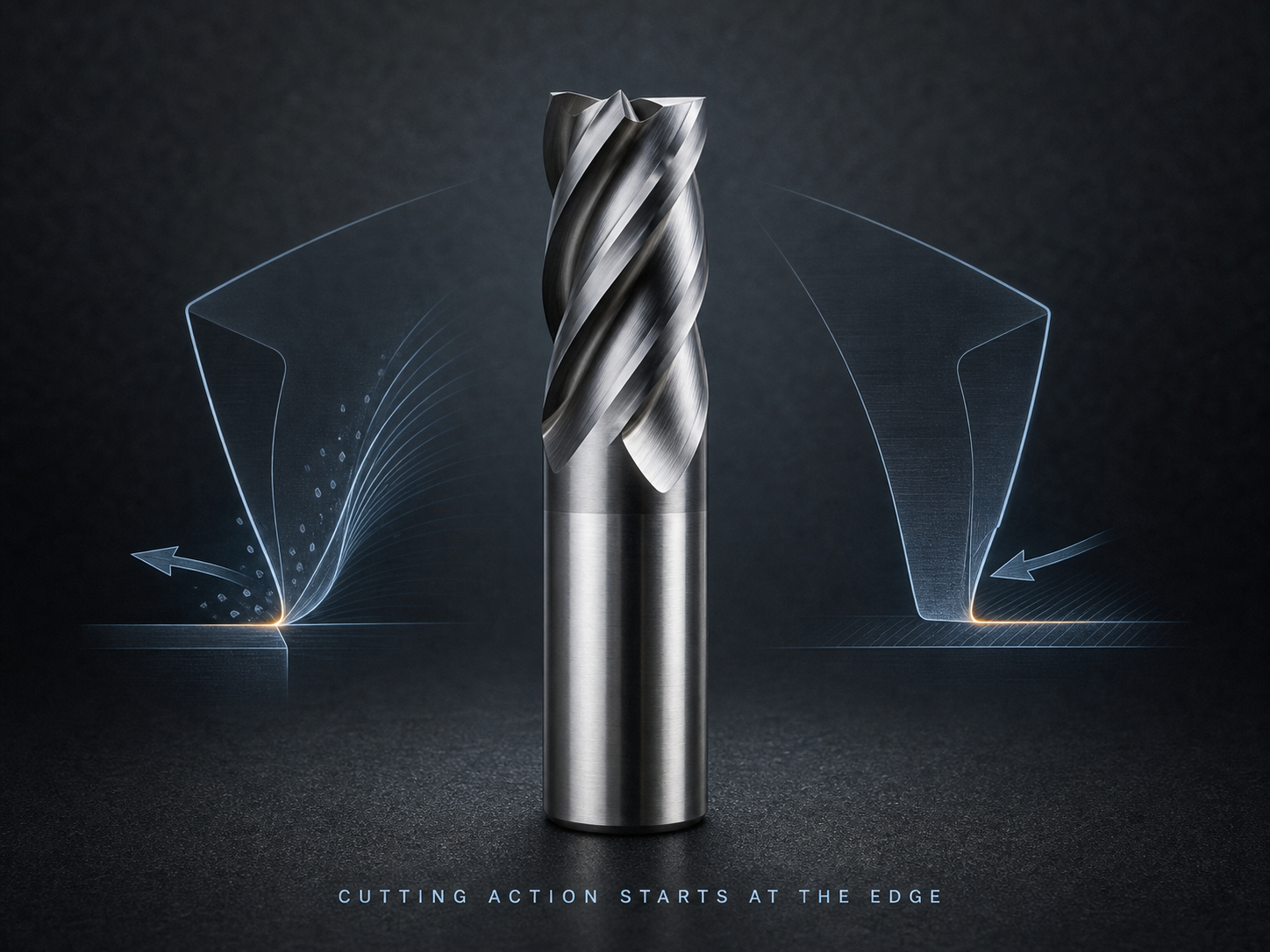 Side-by-side technical comparison of positive-rake and negative-rake end-mill cutting edges.