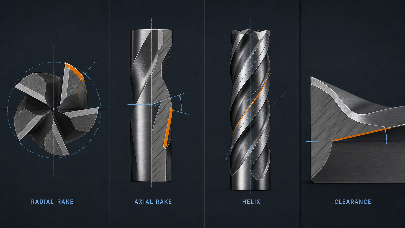 Technical diagram distinguishing radial rake, axial rake, helix angle and clearance angle on a milling cutter.